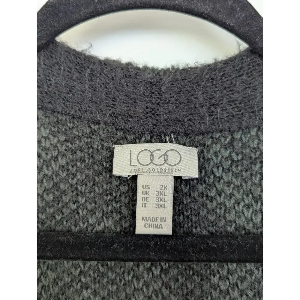 LOGO Lori Goldstein Cardigan Sweater 2X Leopard Print Long Duster Pockets